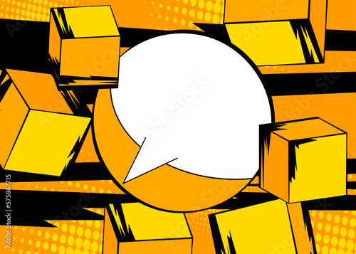 Blank comic book speech bubble background with cube shapes. Yellow comics cartoon template.