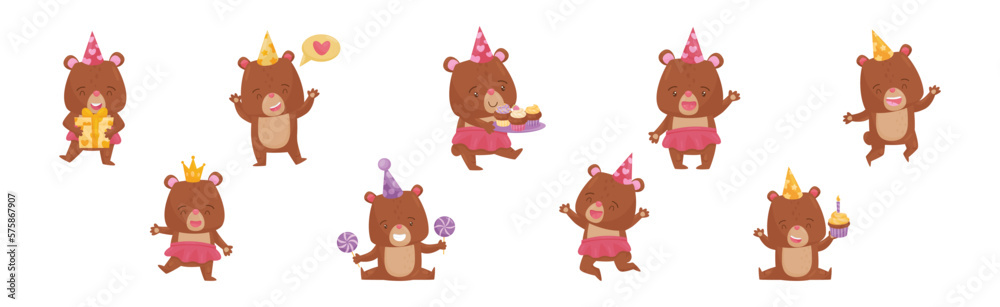 Fototapeta premium Cute Bear Character in Birthday Hat Celebrating Holiday Vector Set