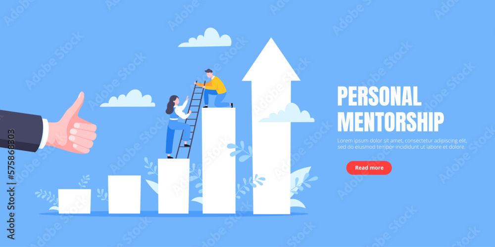 Business mentor helps to improve career and holding stairs steps vector illustration. Mentorship, upskills, climb help and self development strategy flat style design business concept. - obrazy, fototapety, plakaty 
