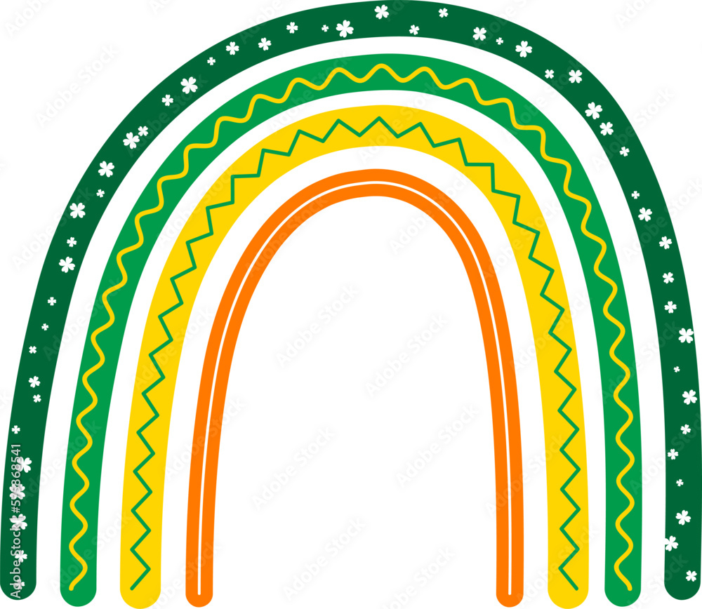Bring some Irish charm to your St. Patrick's Day designs with this vibrant vector boho rainbow in green, orange, and white, complete with clovers. Bring some Irish charm to your St. Patrick's Day designs with this vibrant vector boho rainbow in green, orange, and white, complete with clovers.