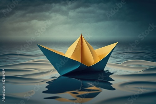 Fototapeta A toy paper boat sits atop a calm sea, its 3D concept illustration bringing to life the imagination of a tiny nautical vessel