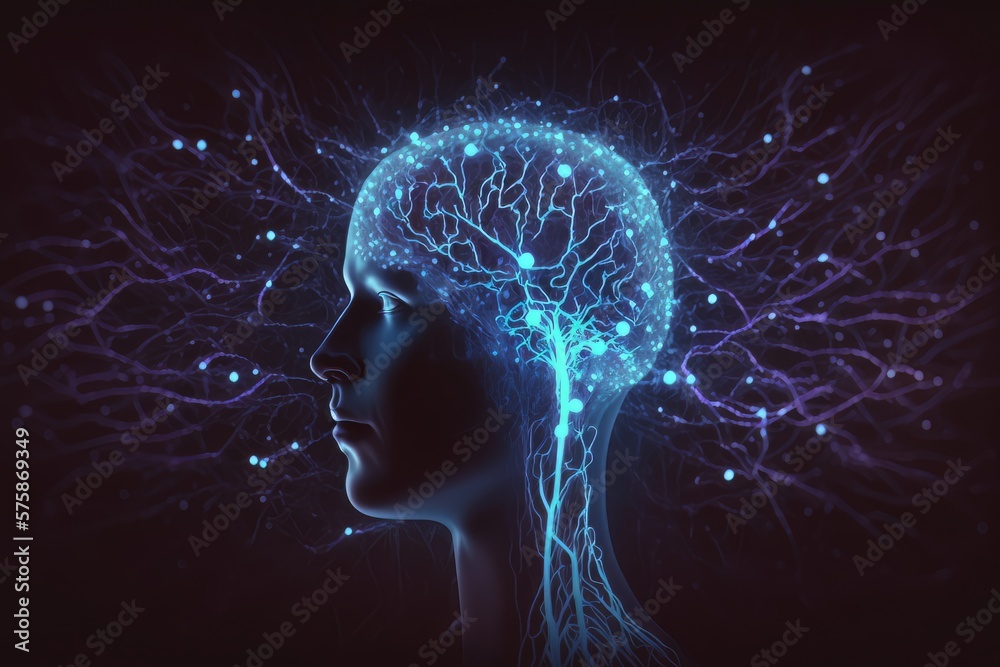 Human head with glowing neurons cells in brain. Deep learning , Machine ...