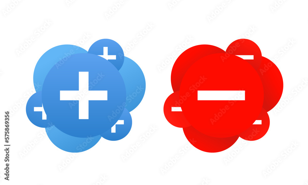 Set of plus and minus sign icons, buttons. Flat round positive and negative symbol stickers