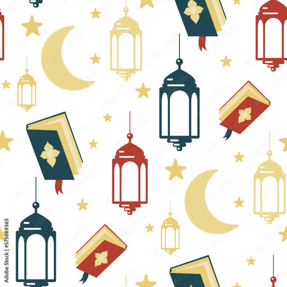 Pattern of Arabic ornament lantern, moon, stars, book. Design elements of the Ramadan Karim greeting template. Lantern, moon, stars, outline of the night city of mosques Printing on textiles and paper