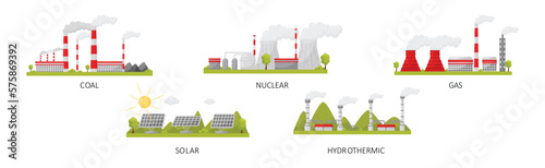 Natural Resources with Coal, Nuclear, Gas, Solar and Hydrothermic Power Plant Vector Set