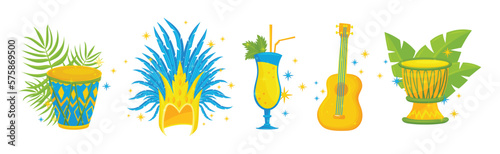 Brazilian Carnival Bright Symbols and Elements with Drum, Cocktail and Guitar Vector Set