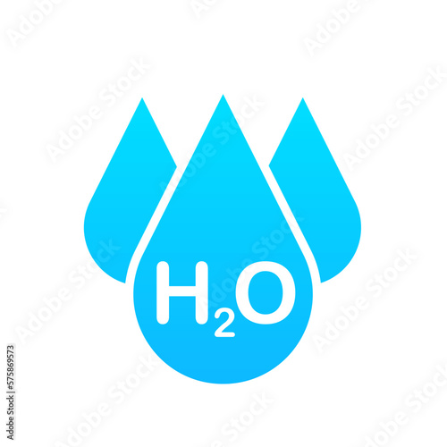 H2O text on liquid design background , greeting card or poster. Water icon. Waterdrop. Water H2O molecule models blue and chemical formulas natural. Vector illustration