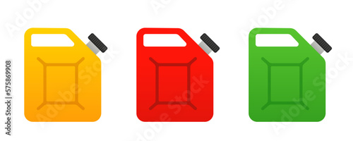 A set of multi-colored canisters for the transportation of gasoline. Gasoline cylinder gas tank fuel container. Vector illustration