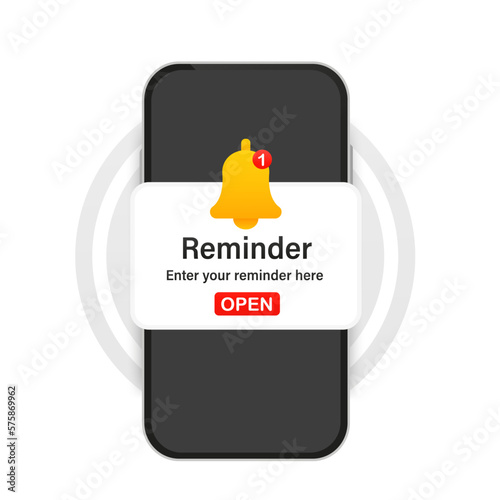 Smartphone with alarm clock reminder message on screen. New notice on the phone. Alert notification with notification bell.Alarm clock reminder message on screen and new notice. Vector illustration