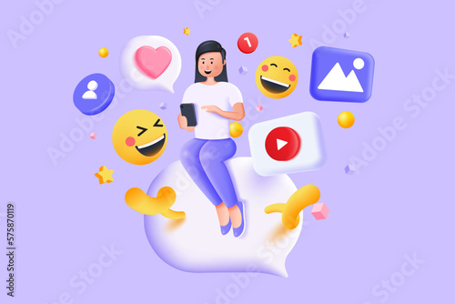 3d cartoon woman with Smartphone sitting on bubble talk, illustration isolated on purple background.
Social Media concept 3d render. Vector 3d illustration