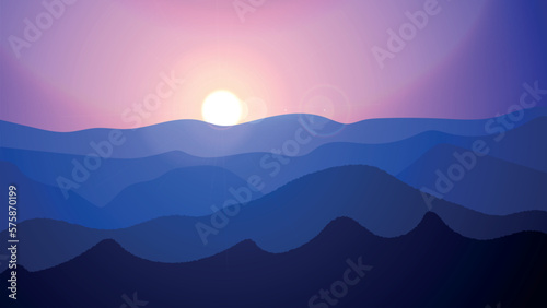 Sunset Background. Abstract Sunset Background, Last Light Moving Towards the Mountains. Hill Sunshine. Sunset on Mountain View and Len Fare Effect.