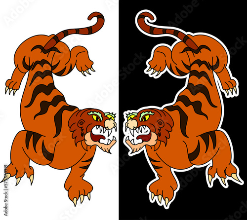 Tiger and dragon fighting tattoo.Japanese style Dragon with tiger and peony flower on cloud tattoo.