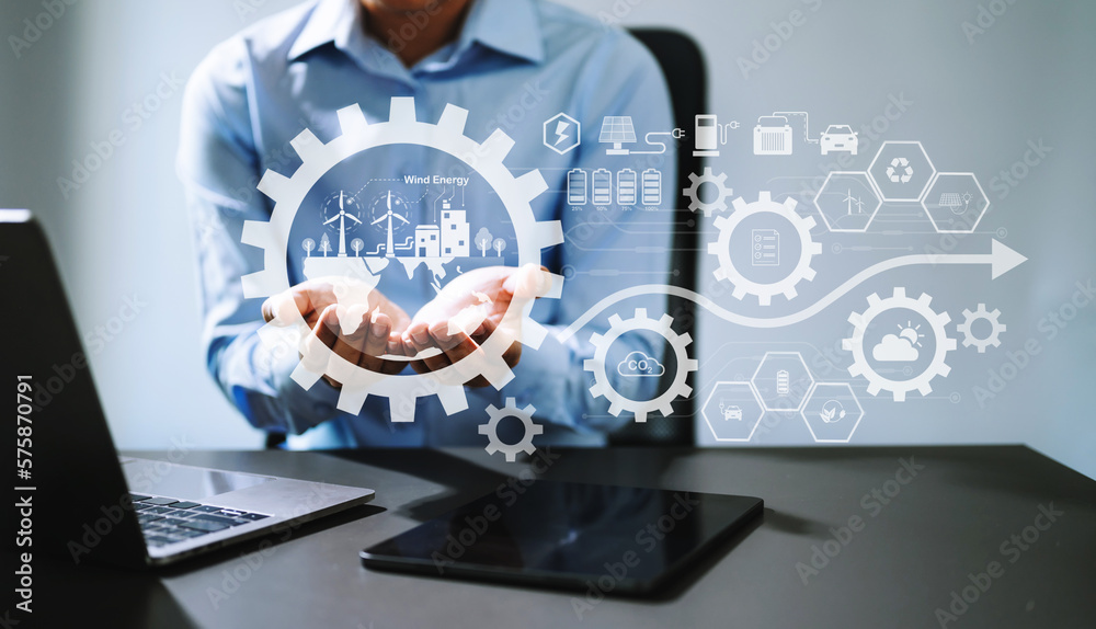 Fototapeta premium Businesswoman working virtual tablet computer twith reduce CO2 concept with icons, global warming such as reforest green factory recycle in office..