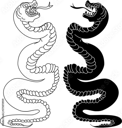 colorful Snakes and flowers. Tattoo design. Hand drawn snake vector illustration.Traditional Japanese culture for printing and coloring book on background.
