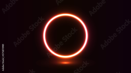 3d render, Abstract Circle Shape Neon Background, red neon round frame, circle, ring shape, empty space, ultraviolet light, 80's retro style, fashion show stage, High tech light beam