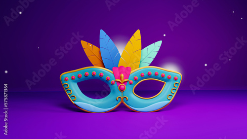 3D Render of Colorful Feather Masquerade Mask On Purple Background And Copy Space.