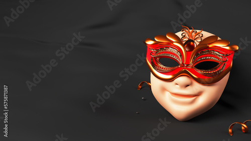 3D Render of Shiny Red Venetian Mask On Black Silk Background And Copy Space.