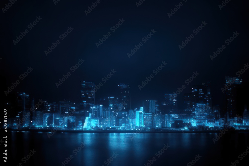 blue neon light city background created with generative AI