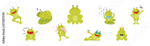 Cute Green Leaping Frog Character Engaged in Different Activity Vector Set