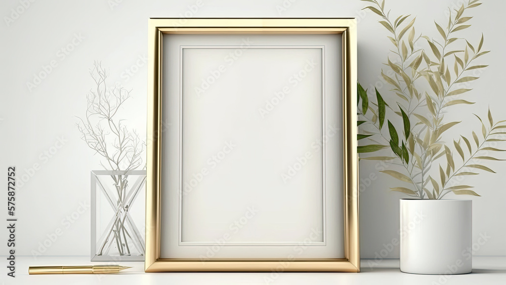 3D Render of Image Placeholder Frame With Golden Pen, Plant Pots Mockup. 3D Render of Image Placeholder Frame With Golden Pen, Plant Pots Mockup.