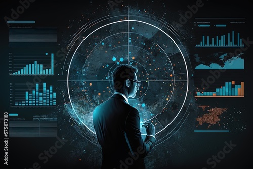 An illustration of a businessman analyzing data in charts in a big screen. Concept: Data mining by an asian man analyst. 