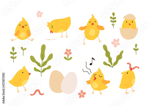 Cartoon Easter chicks. Cute baby farm birds with yellow feathers. Cheerful little chickens and roosters activities. Funny domestic animals hatched from eggs. Isolated newborn poultry, vector set