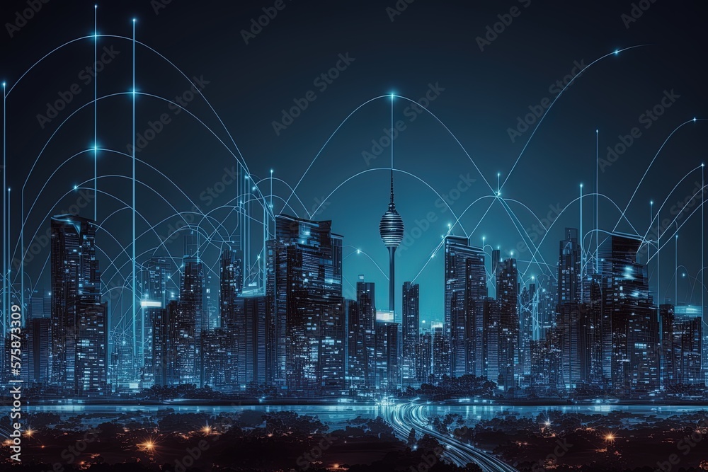 Interconnected futuristic city via wireless illustration in blue neon tones. Concept: Everything is connected with the internet of things.