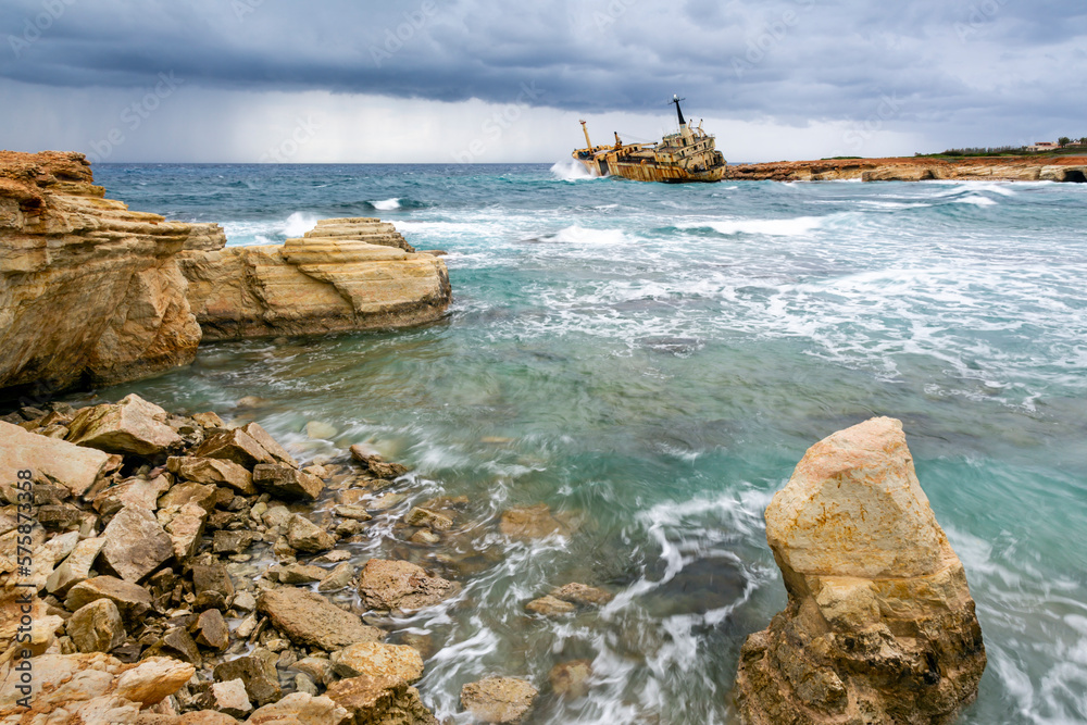 Shipwreck of Edro III at Seacaves, an area of outstanding natural beauty near Coral Bay, Peiya, Cyprus.