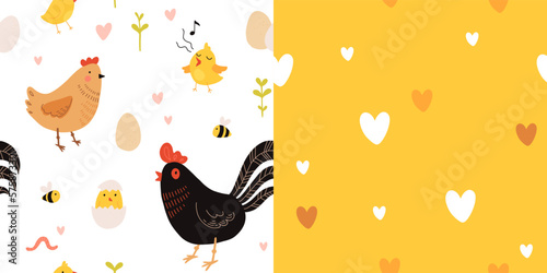 Seamless pattern with rooster, hen and chicks. Chicken with brood. Cute lovely family of domestic fowl or poultry birds. Childish flat cartoon vector illustration.