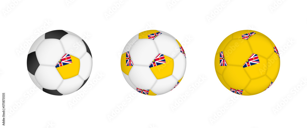 Collection football ball with the Niue flag. Soccer equipment mockup with flag in three distinct configurations. Collection football ball with the Niue flag. Soccer equipment mockup with flag in three distinct configurations.