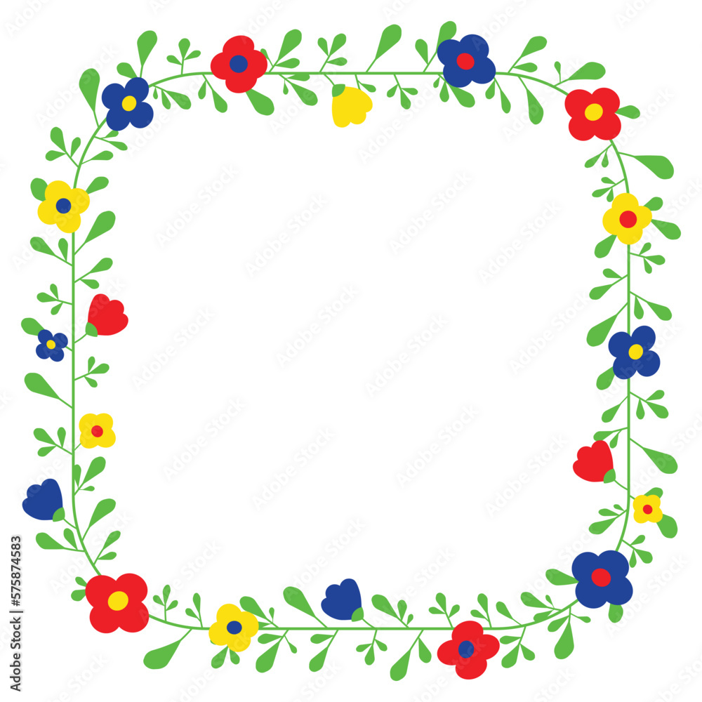 Flower decorative frame. Festive square hand drawn border. Vector illustration for Easter design, birthday, wedding invitation, greeting card.