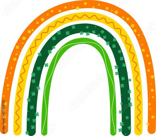 Bring some Irish charm to your St. Patrick's Day designs with this vibrant vector boho rainbow in green, orange, and white, complete with clovers.