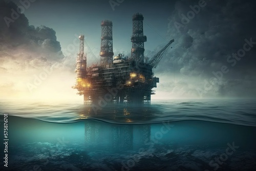 Industrial oil rig on an ocean as a digital illustration (Generative AI)