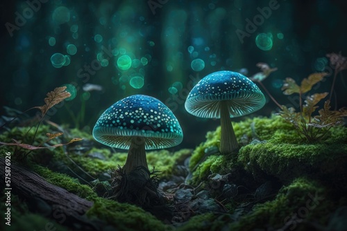 Glowing mushrooms growing from moss in forest, Generative AI © Jan