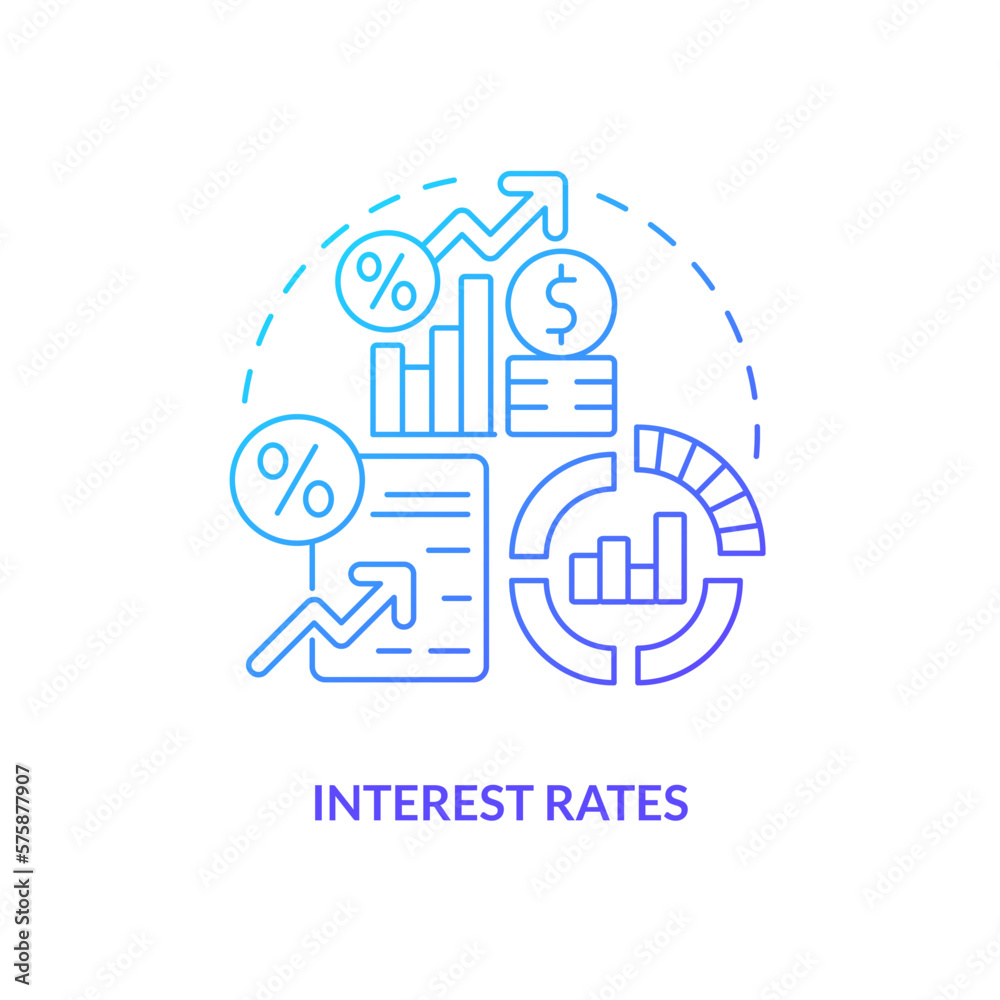 Interest rates blue gradient concept icon. Federal funds impact. Economic indicators example abstract idea thin line illustration. Isolated outline drawing. Myriad Pro-Bold font used Interest rates blue gradient concept icon. Federal funds impact. Economic indicators example abstract idea thin line illustration. Isolated outline drawing. Myriad Pro-Bold font used