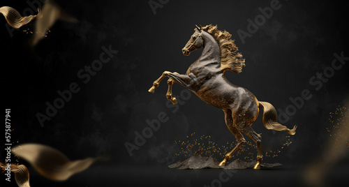 golden and bronze rearing horse statue or trophy isolated on black background with copyspace area for text - Generative AI