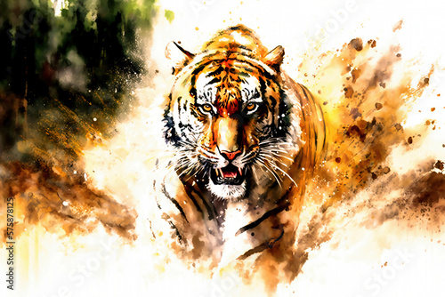 Tiger head in watercolor background wallpaper created with Generative AI technology