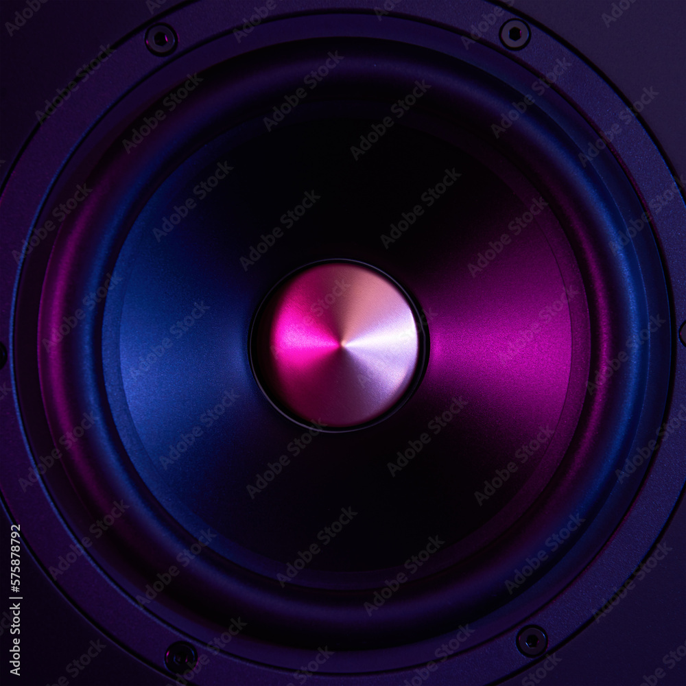 Sound speaker on dark background with neon lights. Set for listening music. Audio equipment Sound speaker on dark background with neon lights. Set for listening music. Audio equipment