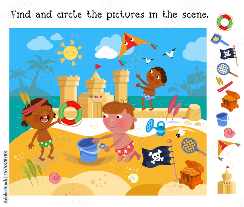 Find and circle objects. Educational puzzle game for children. Cute children near sea. Boy flying kite on beach in summer. Cartoon character and sand castle. Vector illustration.