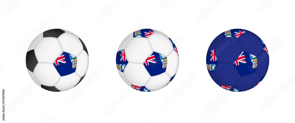 Collection football ball with the Falkland Islands flag. Soccer equipment mockup with flag in three distinct configurations. Collection football ball with the Falkland Islands flag. Soccer equipment mockup with flag in three distinct configurations.