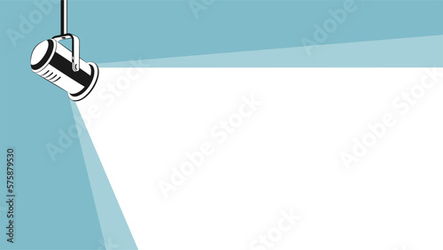 Spotlight black silhouette isolated on blue background. Lamp light projector glowing with scattered rays. Projecting a beam of light with place for text. Cinema background. Template for poster.