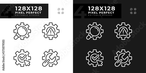 System changes pixel perfect linear icons set for dark, light mode. Extended search. Complete and save changes. Thin line symbols for night, day theme. Isolated illustrations. Editable stroke