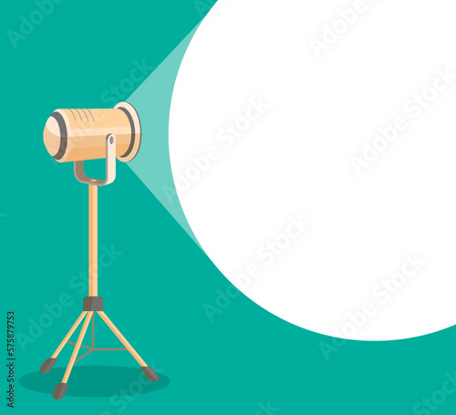 Detailed of light projector on a tripod with scattered rays. Cinema background. Spotlight is glowing on wall. Template for banner, brochure, flyer, poster with place for text. Movie time concept.