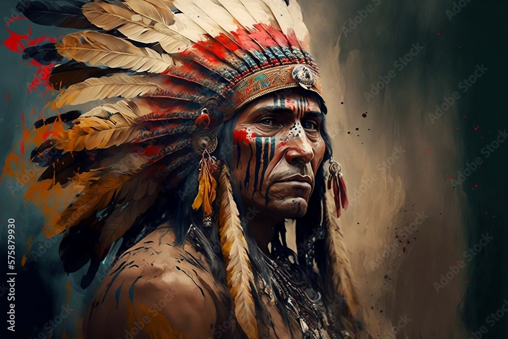 Portrait of native american indian with tribal headdress. Old native