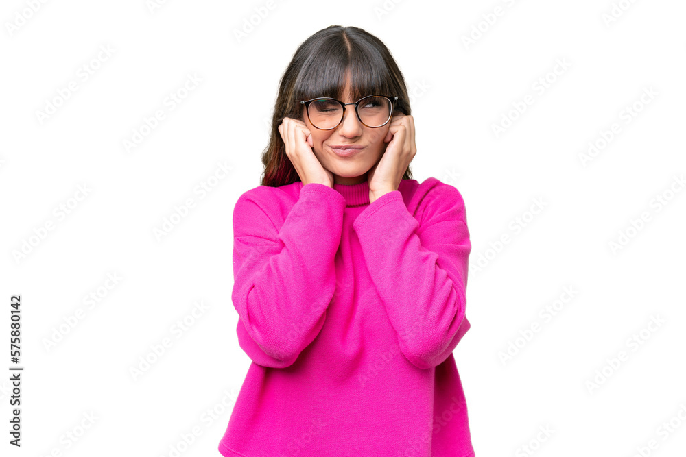 Young caucasian woman over isolated background frustrated and covering ears