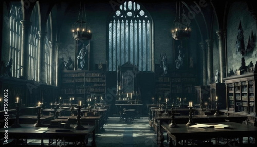 Old castle school witchcraft wizardry dining hall wizard dark interior fantasy background in dramatic gothic scene style magic creepy background. AI generative.