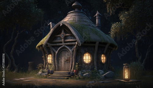 Old witch or wizard spooky creepy fantasy haunted cottage small scary magic house in mysterious ancient woods scene dark night forest background. AI generative illustration. © Synthetica