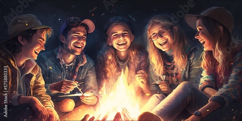 Group of friends sitting around campfire and sharing stories with smiles on their faces, concept of Camaraderie and Friendship, created with Generative AI technology