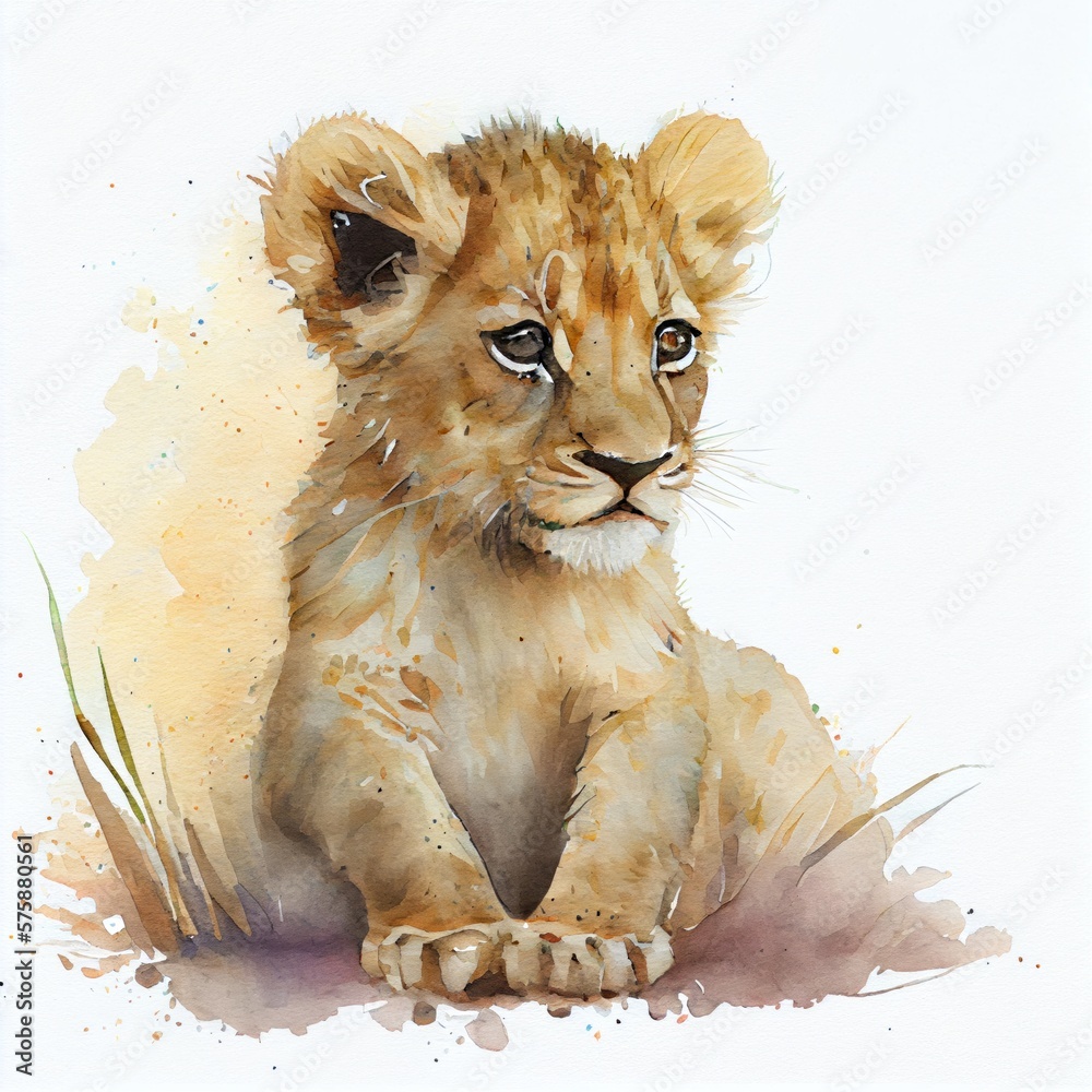 Watercolor portrait of a cute baby lion - obrazy, fototapety, plakaty 