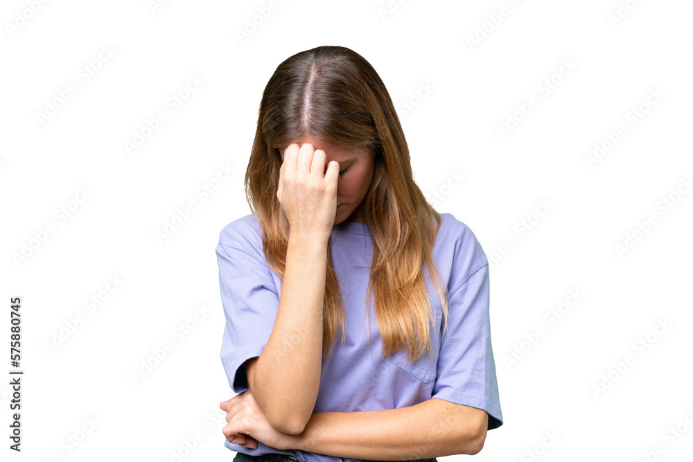 Young beautiful woman over isolated background with headache Young beautiful woman over isolated background with headache